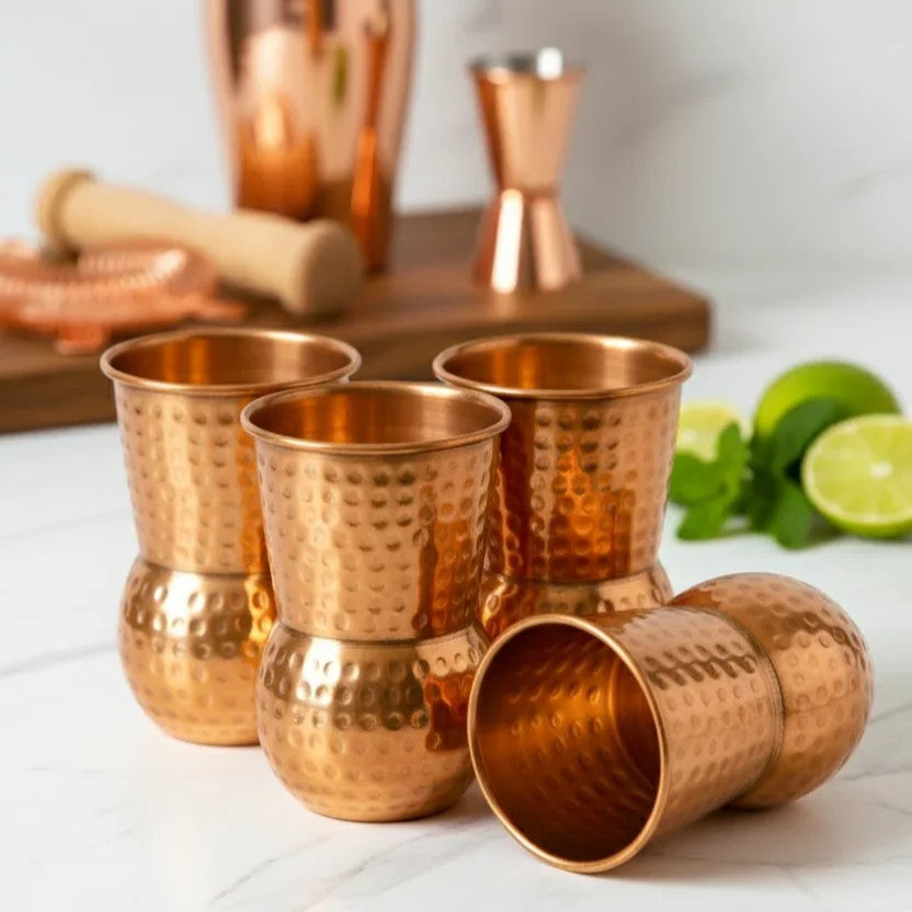 Elegant Round Bottom Hammered Copper Glass - Set of 4