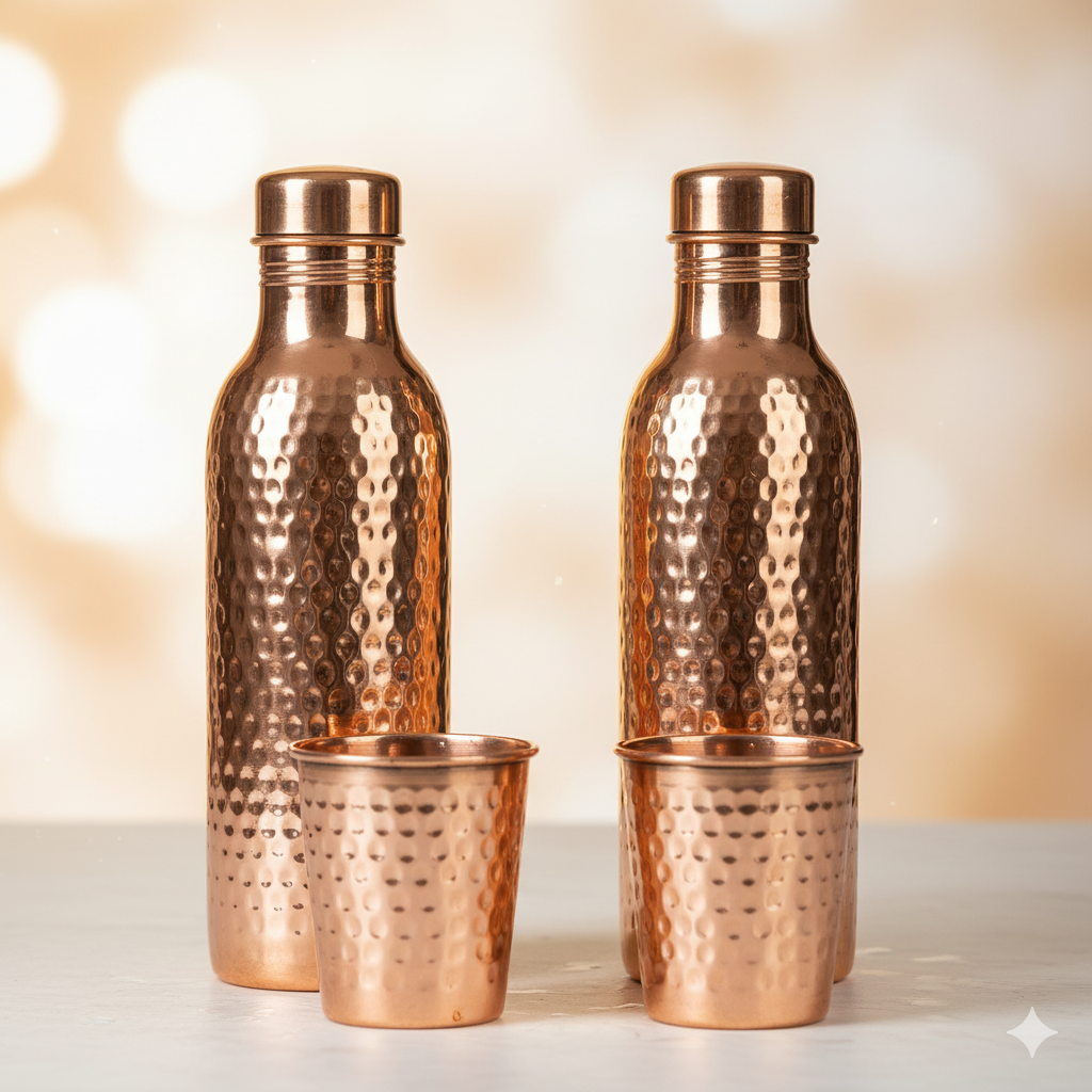 Exclusive Hammered Copper Gift Set – 2 Bottles & 2 Glasses