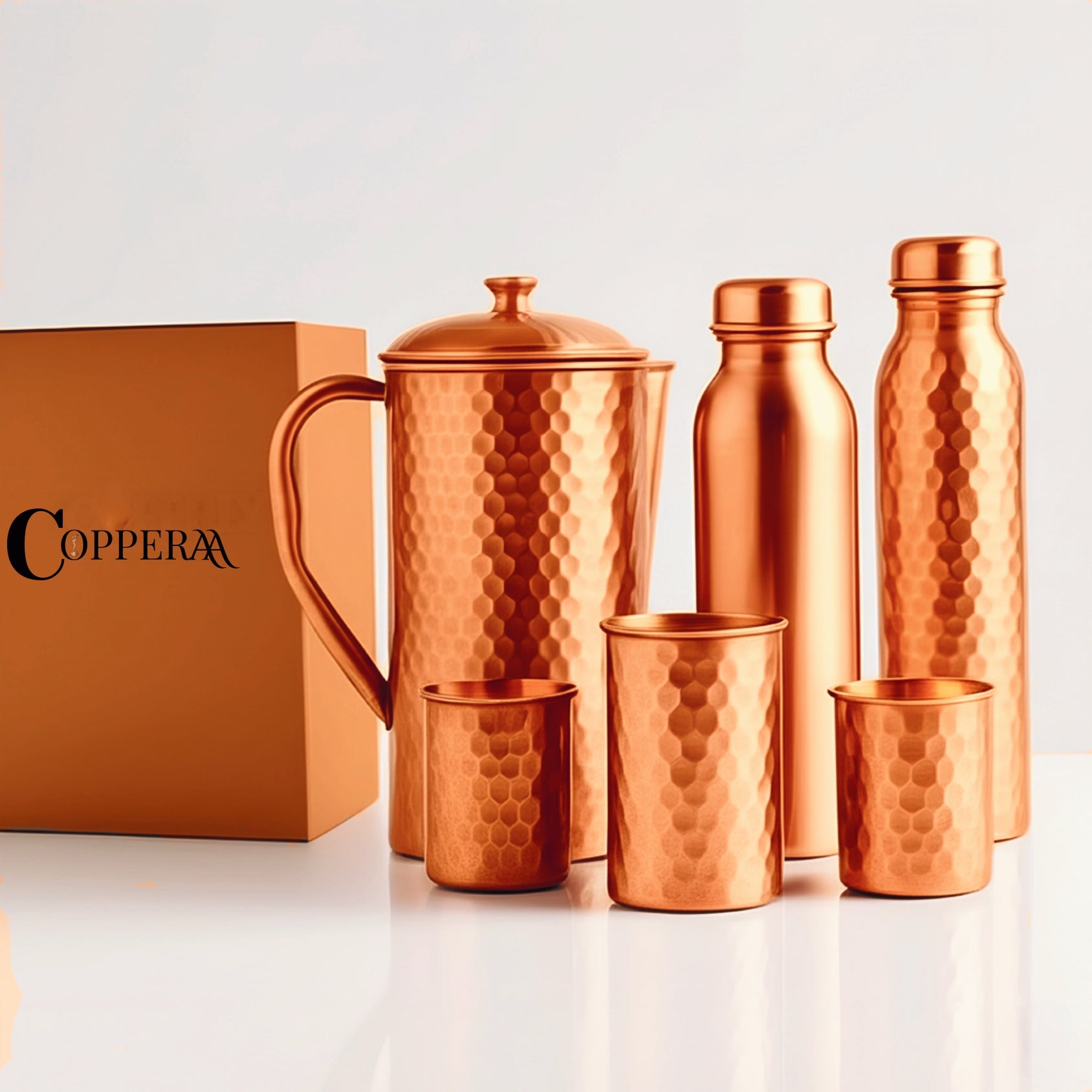 Pure Copper Drinkware Set – Jug, Bottle & 4 Glasses - copperaa