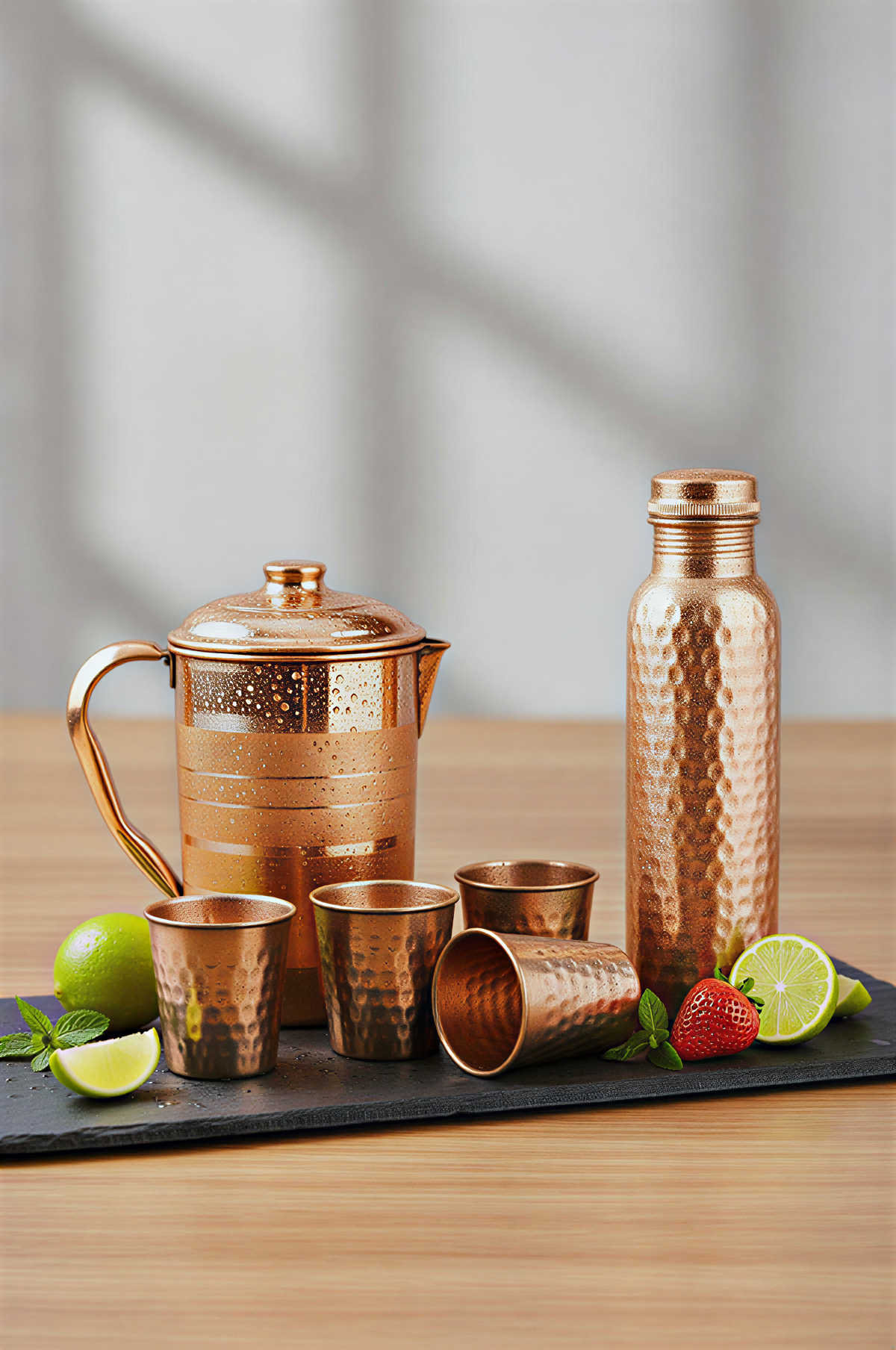 Pure Copper Drinkware Set – Jug, Bottle & 4 Glasses - copperaa
