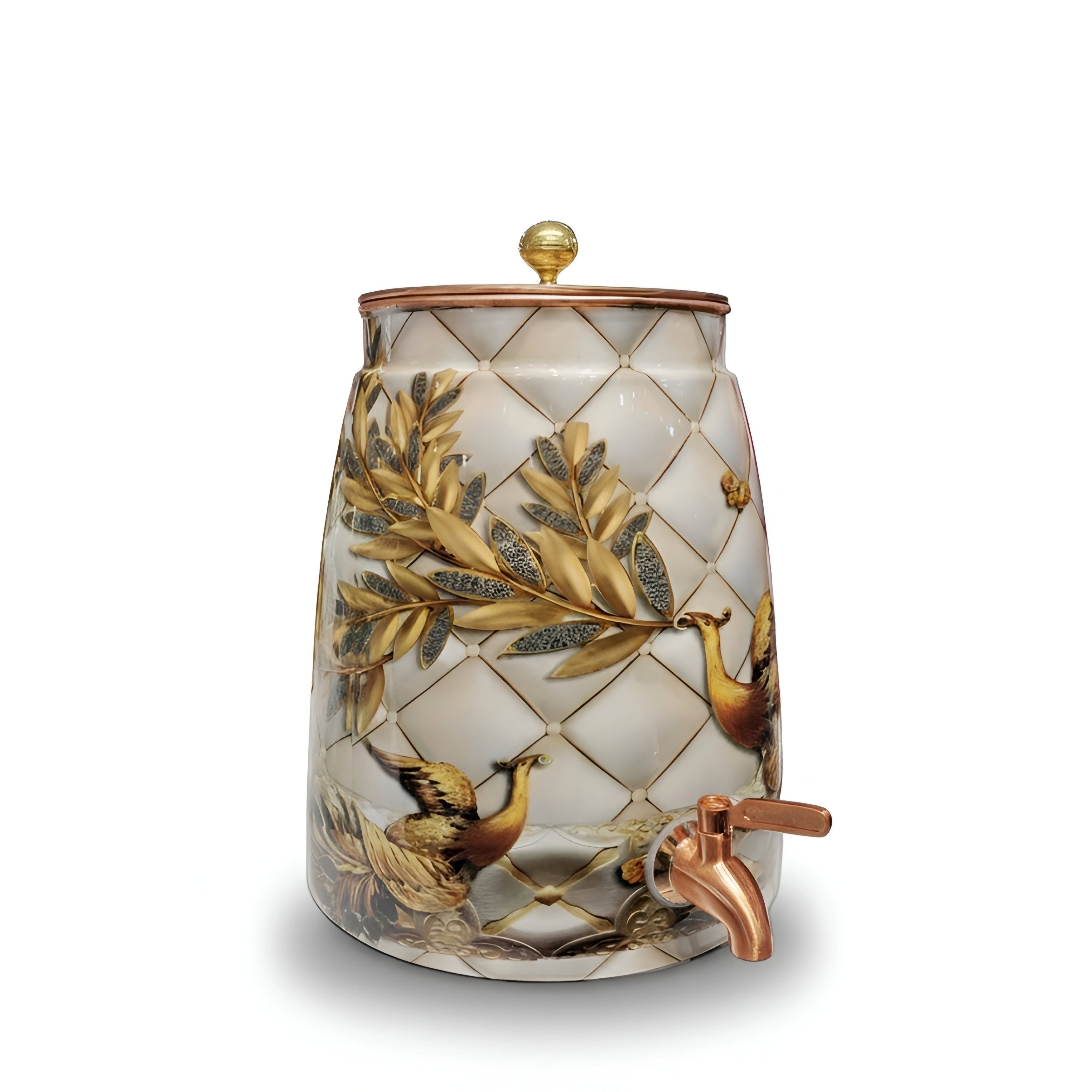 Royal Peacock 9L Copper Water Dispenser – Enamel Finish with Golden Birds Design