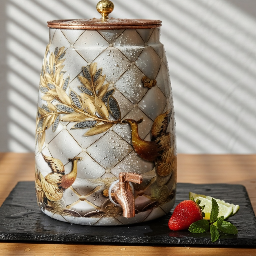 Royal Peacock 9L Copper Water Dispenser – Enamel Finish with Golden Birds Design